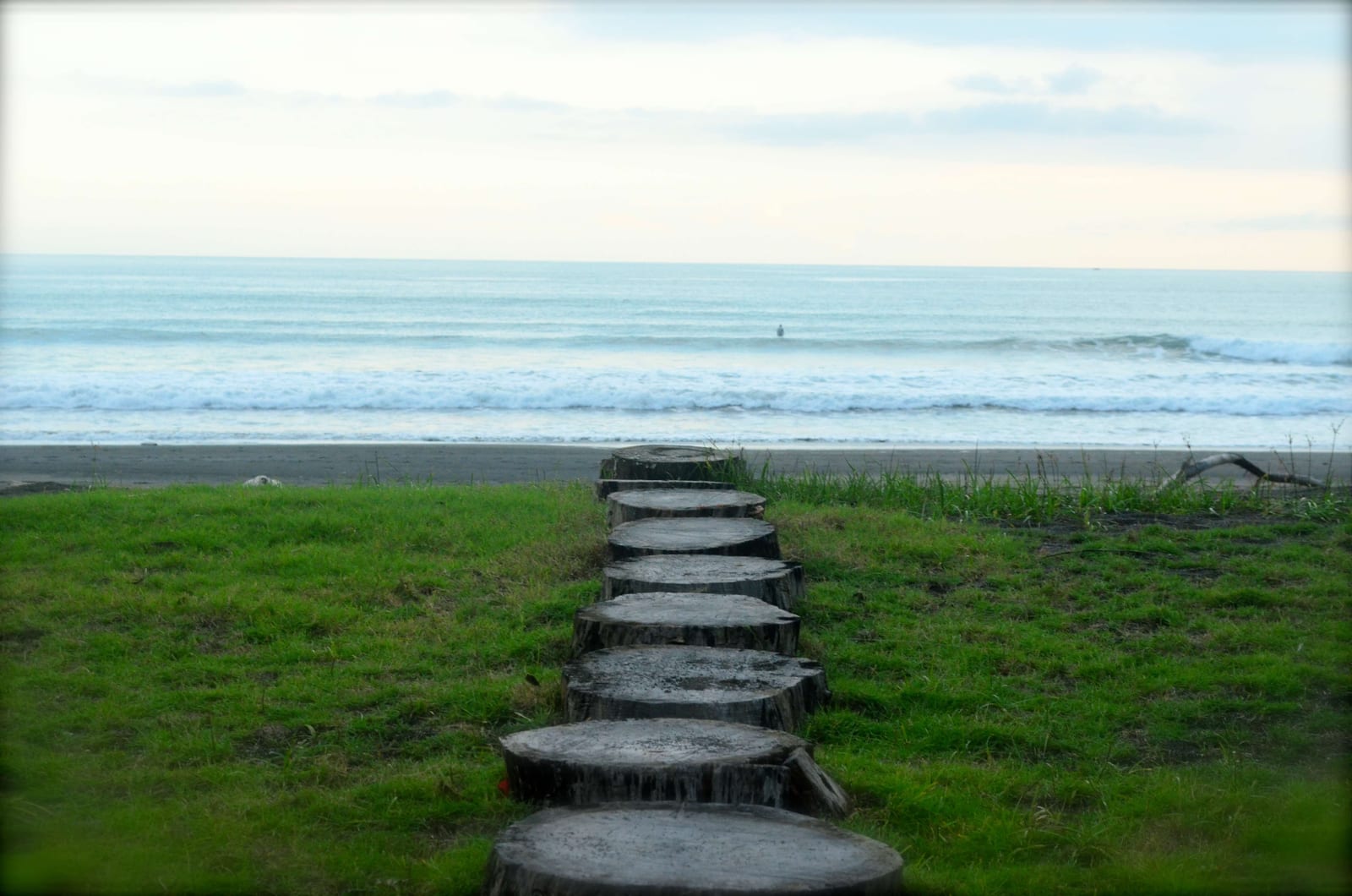 Landscaped grounds at Hermosa Real with a stone path leading toward the Playa Hermosa shoreline